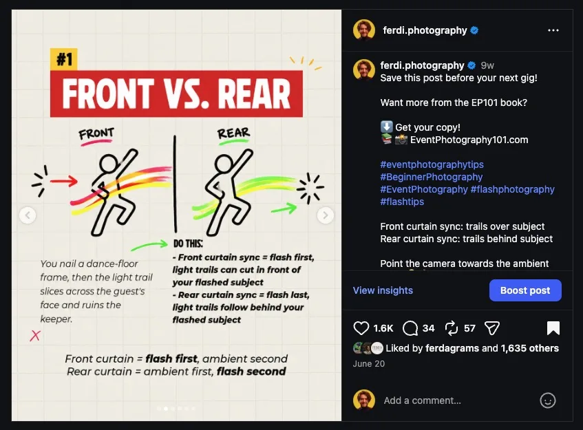 Instagram carousel 'Front vs Rear' — 1.6k likes, 57 saves