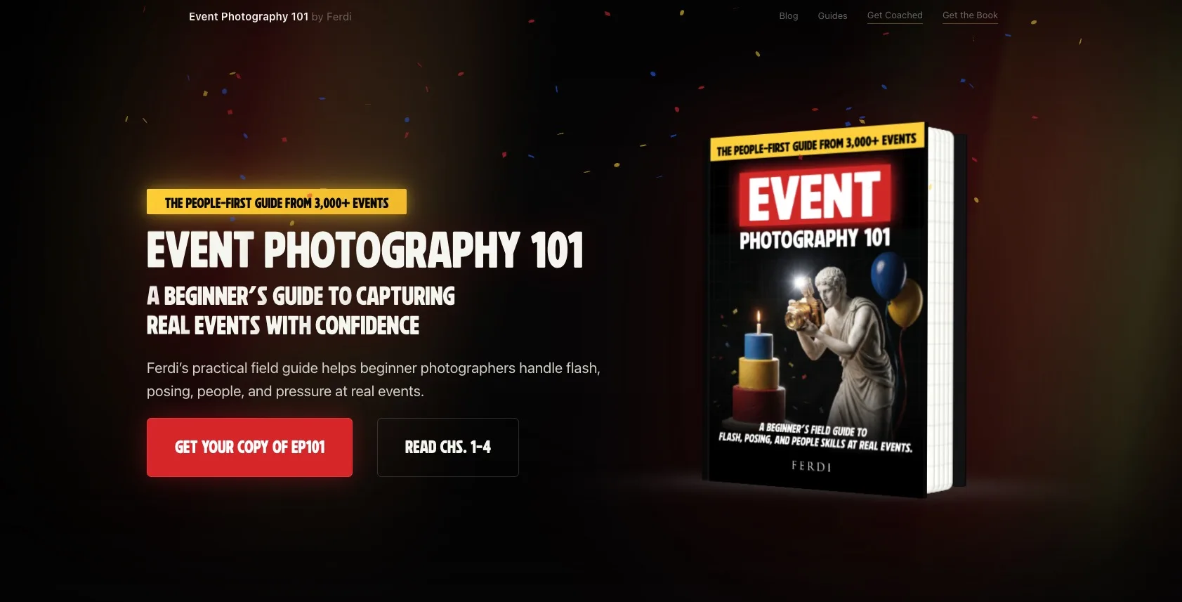 Event Photography 101 field-guide page: 'the people-first guide from 3,000+ events' — a beginner's guide to capturing real events with confidence