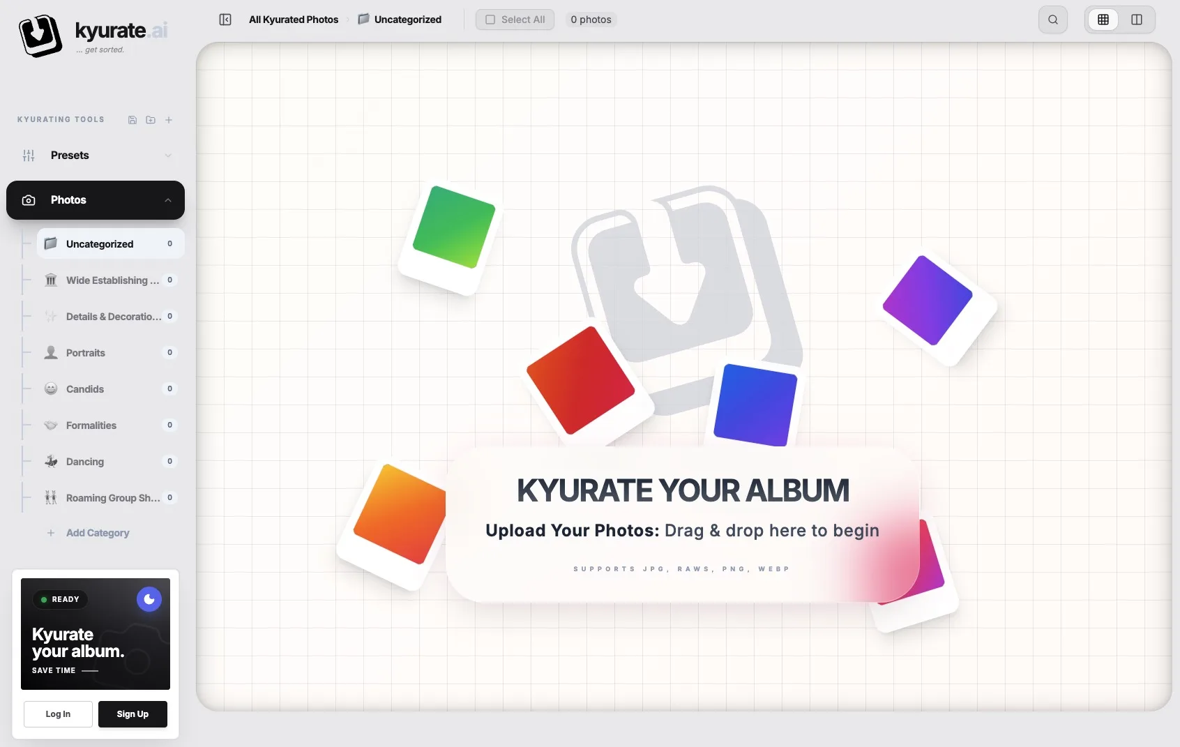 kyurate.ai dashboard — AI photo sorting UI